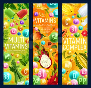 Healthy organic food with vitamins and multivitamin complex. Vector vitamin capsules or pills with tropical exotic fruits, natural vegetables and vegan salads