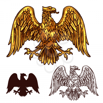 Heraldic golden eagle or griffin with tongue, spread wings and claws. Vector vintage sketch symbol of gryphon vulture mystic bird silhouette for royal emblem, shield or coat of arms design