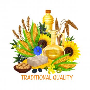Natural cooking oil and butter, vegetable plant seeds and nuts, cooking and salad dressing. Vector coconut butter, oil bottle from peanut or hazelnut and extra virgin olive or sunflower