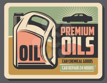 Car engine oils, retro garage station and oil replacement service signboard. Vector vintage premium vehicle transport chemistry and fluids, car repair theme