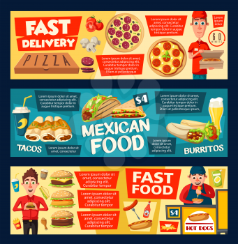 Pizza and fast food burgers, sandwiches express delivery. Italian pizzeria restaurant or bistro cafe. Vector fries, soda drink and hot dog with burrito or doner