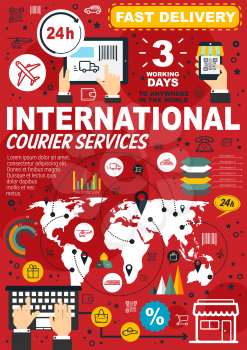 Fast delivery and international courier service infographics. Vector statistics of mail and order shipping on world map, User shopping cart and purchase percent share with delivery diagrams