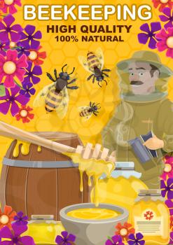 Beekeeping and honey products. Vector beekeeper man at apiary with dipping spoon, wooden barrel and glass jar, bees swarm in flowers on honeycomb background