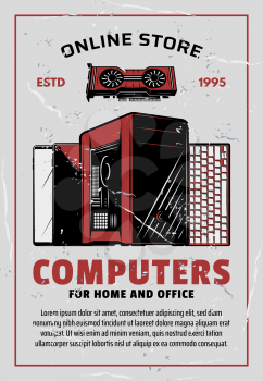 Electronics online store advertisement, retro style. Vector PC monitor or desktop computer with keyboard and cooler fan, smart devices mobile phone and internet tablet