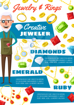 Jeweler profession, golden wedding rings and diamonds. Vector cartoon man expert in jewelry with gemstones, emerald bijou necklaces, ruby earrings with crystals and sapphire pendants