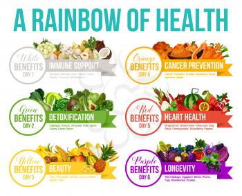Color diet, 6 days eating program or nutrition plan of healthy life. Rainbow vegetables and fruits food of immune support, cancer prevention or detoxification and heart health or longevity