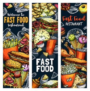Fast food sketch of snacks, burgers, desserts and drinks for bistro bar and fastfood restaurant menu. Vector cheeseburger, ice cream or donut with soda and popcorn, hot dog and chicken legs