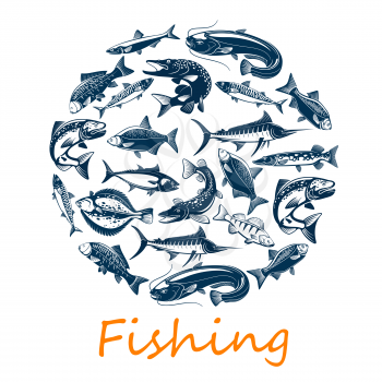 Fishing sport, of sea and ocean fish for fisherman catch or sport adventure theme. Vector scad or horse mackerel, scomber or anchovy and tuna, sardine and sea bass, dorada bream fish