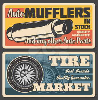 Car service or parts shop retro poster. Vector vintage tire market or exhaust pipe muffler replacement, car service and tuning, vehicle mechanic repair station
