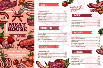 Meat house restaurant menu. Vector beef, chicken and lamb or pork meat dishes of pepperoni, pork filet or beefsteak and brisket with salads and drinks