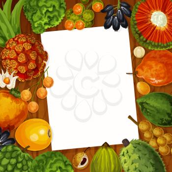 Cooking recipe or kitchen memo note in frame of exotic tropical fruits. Vector bergamot, physalis or lucuma fruit and longkong, soursop apple, mombin and pandan or tangerine with paper
