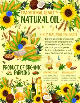 Natural cooking oil, organic natural farm products. Vector oil bottles from peanut or hazelnut, sunflower and extra virgin olive, coconut butter, flax and hemp