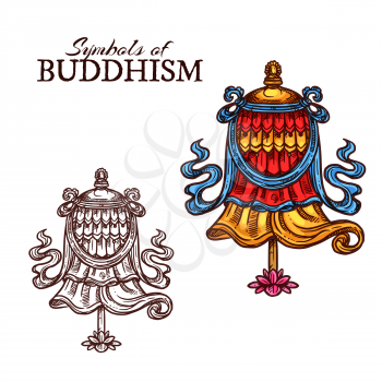 Buddhism religious vector victory banner. Sketch icon of Dhvaja or Dhwaja flag as eight auspicious symbol and Buddhist monks worship, traditional ritual sign