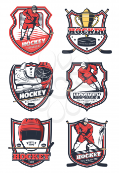 Ice hockey championship, college league cup and sport game club badges. Vector icons of hockey player or goalkeeper with stick, puck or skates and trophy on ice rink arena