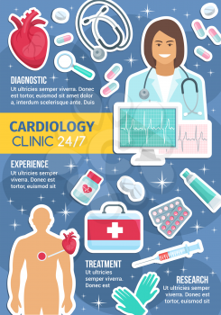 Cardiology clinic and everyday service. Vector cardiologist doctor with heart pulse on cardiogram, cardio treatment pills or first aid kit, human heart and syringe with stethoscope