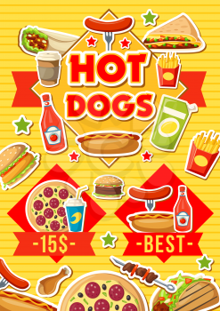 Fast food menu with pizza, hot dog or burgers and Mexican sandwiches. Vector fast food cafe or bistro burrito, sausage or taco, coffee and fries with kebab or chicken nugget grill with condiment