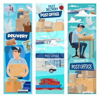 Post mail delivery banners for postage logistics. Vector flat design of postman profession or mailman delivering letters, envelopes and journals parcels by air air and train transport cargo