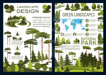 Landscape design and green horticulture service company brochure, park and garden landscaping. Vector forest, parks and garden, trees on world map. Urban ecology gardening and planting