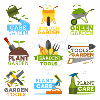 Gardening and farming icons, farmer tools. Vector garden plants, watering can and wheelbarrow with green leaf, spade shovel and rake or saw with hack hoe. Gardener agriculture