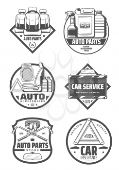 Car service store and spare parts shop icons. Vector vehicle driver seats and upholstery cleaning, engine chemicals and oils, radiator replacement and tow or lug wrench for tire replace