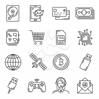 Electronic devices, digital smart gadgets and cryptocurrency technology thin line icons for web store. Vector hard drive, smartphone or credit card and bitcoin, satellite and USB flash
