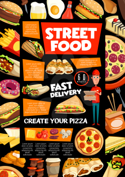 Street food and fastfood delivery of pizzeria, cafe or restaurant. Vector delivery man with pizza, Chinese noodle box and coffee, Mexican taco and burrito with donuts and fries snacks