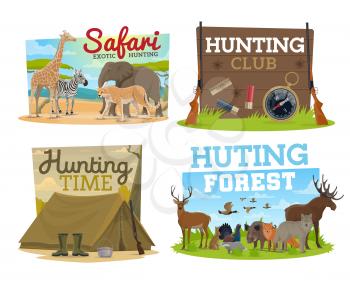 African Safari hunting and hunter club icons wild animals, birds and camping equipment. Vector african elephant, zebra and giraffe, cheetah, elk and deer, wolf and boar, tent with rifle gun and bowler