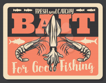 Fishing baits retro poster of fish catch. Vector seafood lobsters, shrimp prawns and squid, sea tuna and ocean marlin. Fisherman items store