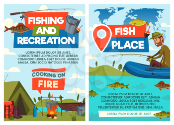 Fishing and recreation, fisherman outdoor adventure and fish cooking. Vector fisher man in boat with rod on lake, camping tent with pike and carp in bowler on fire