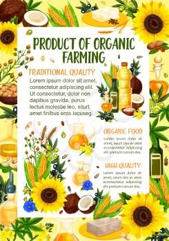 Organic farm products of natural cooking oil and butter. Vector organic oil bottles with hemp, coconut or sunflower and corn vegetables, peanut or hazelnut and extra virgin olive or flax