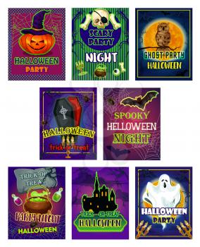 Halloween horror night party invitation card set. Spooky ghost and pumpkin lantern in witch hat, bat, spider and skeleton skull, graveyard, haunted house and creepy moon for Halloween holiday design