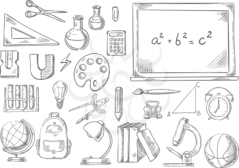 School supplies and study stationery sketch icons. Vector isolated set of math ruler, scissors or calculator on chalkboard, geography globe, physics magnet or microscope and chemistry school book