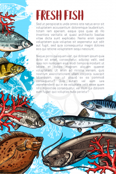 Fresh fish poster for sea food or fish market. Vector fishing or fisherman catch of trout, salmon or tuna and herring, ocean mackerel or marlin and flounder or sprats with pike or perch and carp