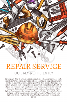 Repair service work tools poster for home renovation or house construction and interior decor. Vector toolbox of woodwork grinder, carpentry hammer and screwdriver, wrench or ruler and plaster trowel