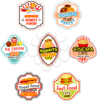 Fast food icons set for cinema cafe, fastfood or street food bistro. Vector isolated sauces, sweet donut and ice cream dessert, burrito and popcorn or hot dog sandwich and burger with drinks for menu