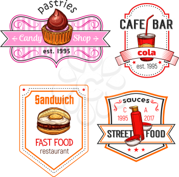 Fast food cafe or bar icons set of fastfood meal and snack. Vector isolated chocolate cupcake or candy pastry dessert, coffee or soda drink and cheeseburger, ketchup sauce for street food bistro menu