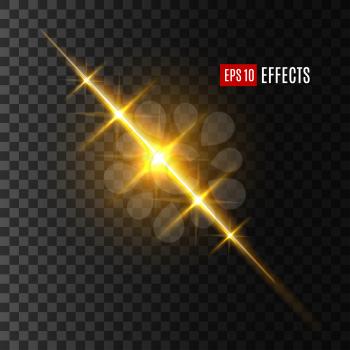 Light effect of sun or starlight flash on transparent background. Vector isolated twinkling star or solar space burst with shining beam or gleaming ray with lens flare or gleaming bokeh glare sparkle