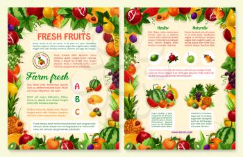 Fruits brochure or posters for fresh organic fruit products. Vector exotic mango, papaya or garden apple, and tropical pineapple, watermelon or melon and apricot or pear fruit harvest for farm market