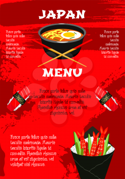 Japanese menu template for asian restaurant or sushi bar. Vector design of noodles or seafood miso soup in bowl with steamed rice, salmon fish or shrimp sushi rolls in nori seaweed and chopsticks