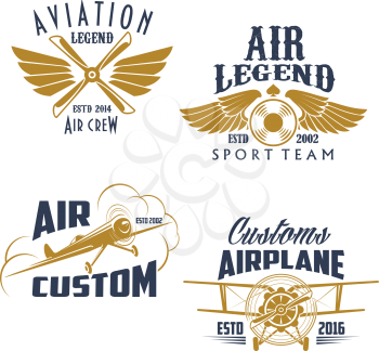Airplane propeller and wings retro icons. Vector isolated symbols and badges of vintage aircraft airscrew for aviation legend or flight adventures and air customs or pilots sport team
