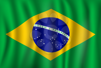 Brazil flag of green, yellow and blue globe with line. Vector Brazilian republic country official national flag waving with curved fabric or waves texture