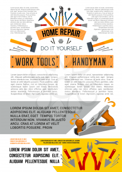 Home repair poster of handyman work tools for woodwork, carpentry and house renovation or decor design. Vector grinder plane, hammer or plaster trowel and paint brush, drill or screwdriver and nippers
