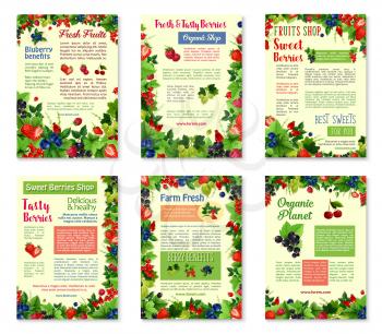 Berries or fruit shop posters or brochure templates. Vector set of strawberry, raspberry or forest blueberry and blackberry, cranberry or garden cherry and organic red currant and blackcurrant berries