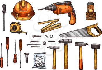 Work tools sketch icons. Vector isolated set of safety helmet, screwdriver or spanner and screws bolts, hammer mallet or saw and ruler measure-tape, carpentry electric drill and woodwork grinder