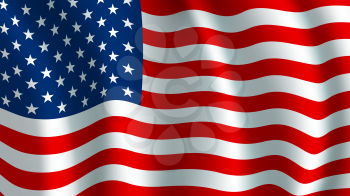 USA America flag. Vector US american united states country official national flag waving with curved fabric or waves texture of stars and red white horizontal color stripes