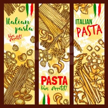 Pasta banners for Italian macaroni restaurant or cuisine. Vector bon appetit set of spaghetti, lasagna or fettuccine and ravioli, pappardelle funghetto pasta, farfalle or tagliatelle and konkiloni