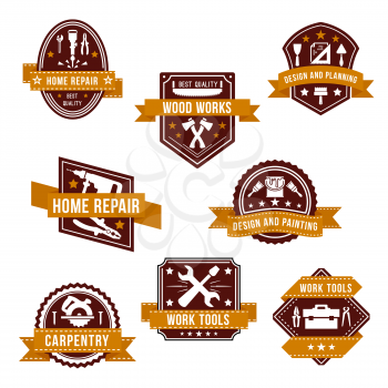 Home repair, design and planning icons. Vector set of work tools for woodwork, carpentry and house renovation or interior decor painting, woodwork grinder or hammer, plaster trowel and paint brush