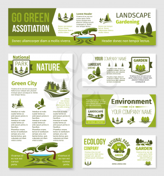 Green ecology and landscape gardening association or company posters and banners templates. Vector set of parkland squares, forest trees or garden and woodlands for eco environment and nature planting