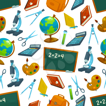 Back to School seamless pattern of blackboard and study supplies. Vector lessons book, chemistry or biology microscope, geometry ruler or compass and art paint brush, geography world globe or scissors
