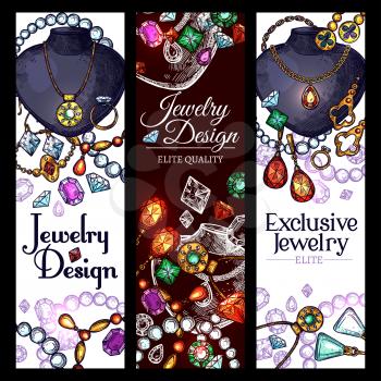 Jewelry fashion accessories design banners. Vector set of gemstones and gold or silver bijou, exclusive diamond wedding golden rings or luxury earrings, necklace chain, brooch and heart pendants